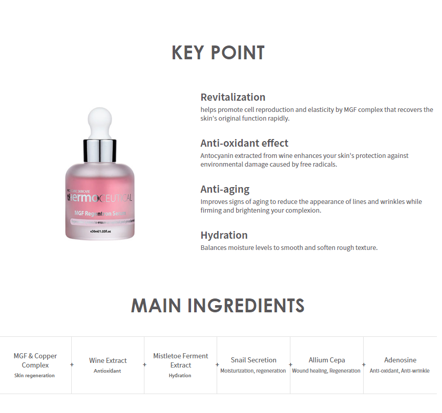 Serum for face - MGF Regentron serum comprised of 25% of highly concentrated Multi Growth Factor complex (EGF, bFGF, SOD) coupled with antioxidants.